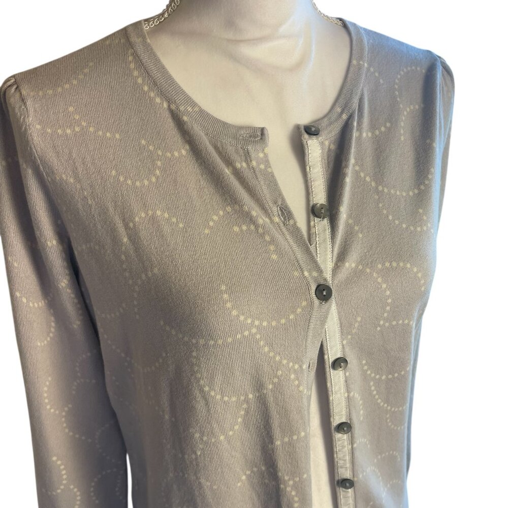 Boden Taupe Button Front Knit Cardigan 10 Polka Dot Abstract Work Preppy Sweater - Picture 7 of 14